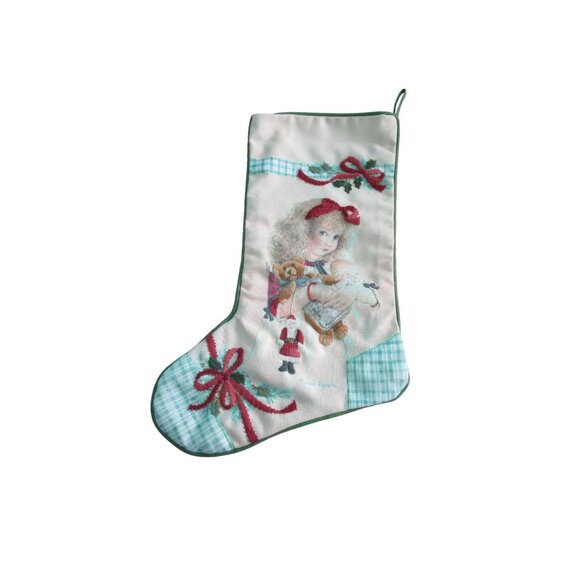 Vintage Embroidered Finished Christmas Stocking Girl Doll Teddy Bear Santa GUC - Picture 9 of 16